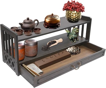 Storage Tables Altar Table with Drawer Meditation Table Bamboo Puja Tables Chinese Style Desk for Meditation, Prayers, Rituals 3-Tier Structure 55lbs Load Capacity 27.2*9.8*11in, Walnut Color