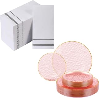 FOCUSLINE 200 Pack 12" x 17" Linen-Feel Disposable Silver Stripes Napkins, 60 Clear Pink Plastic Plates with Gold Rim – 30 10" Dinner Plates and 30 7" Salad Dessert Plates