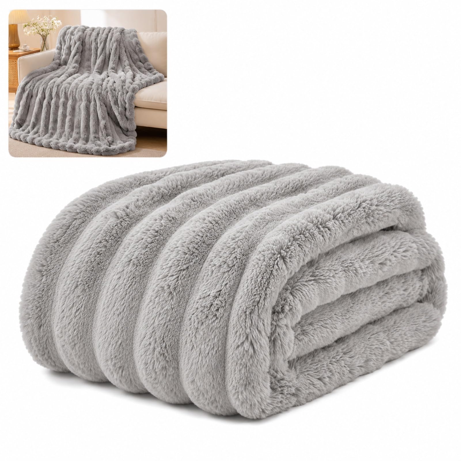 GnathicHOME Bunny Throw Blanket for Couch Soft & Warm Fluffy Blanket, Cozy Fuzzy Faux Fur Throw Blankets for Couch Chair Bed Sofas (120 * 200cm,gray)