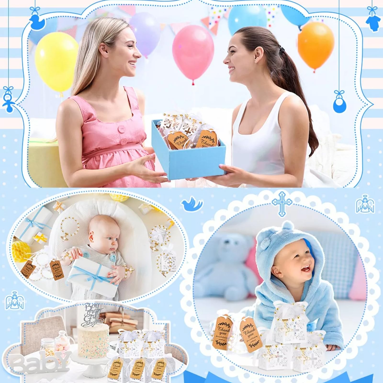 Set di bomboniere per battesimo da 20 pezzi: 20 braccialetti con croce rosario angelo, 20 scatole per battesimo, 20 sacchetti in organza, 20 etichette