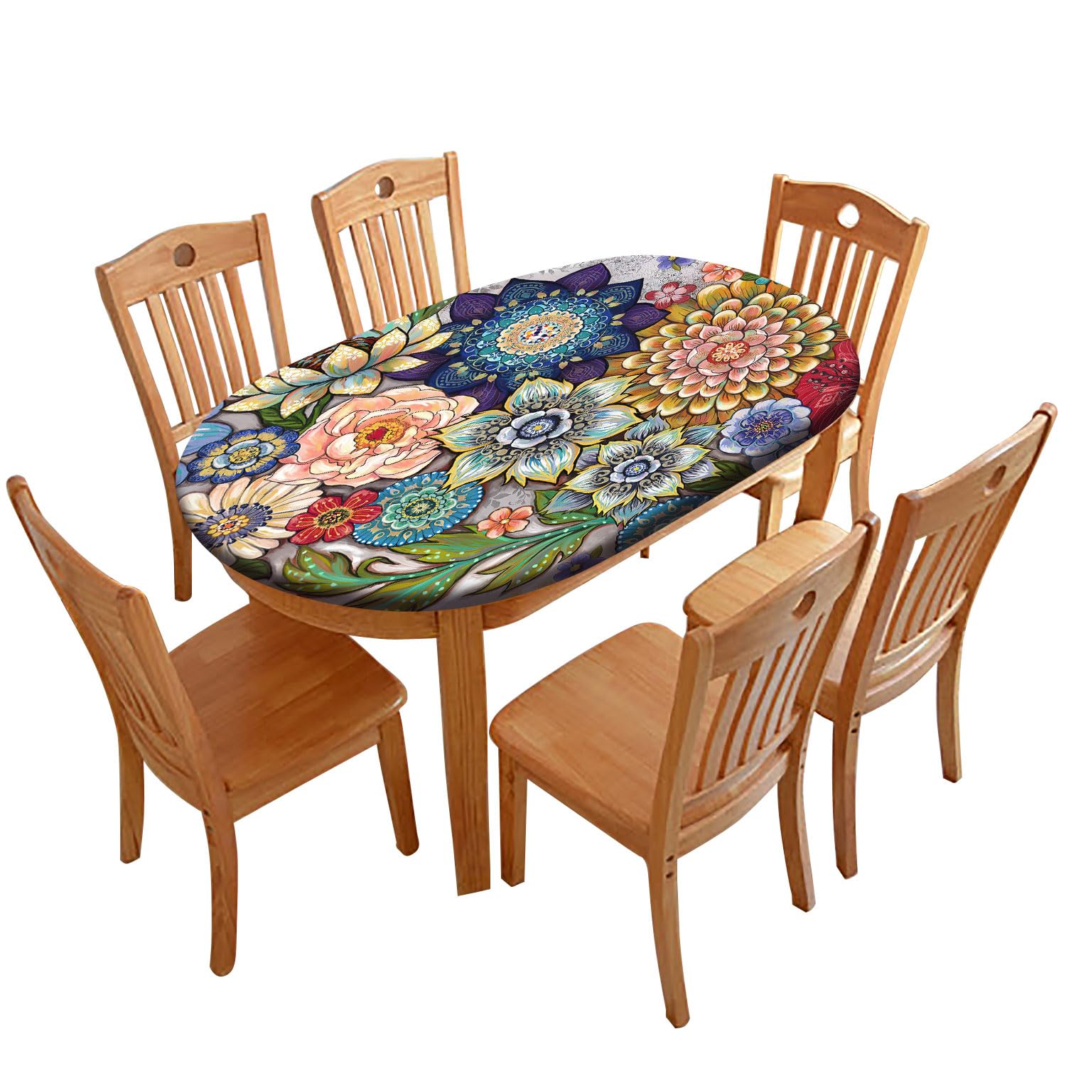 Boho Floral Oval Fitted Tablecloths, Blossom Flowers Elastic Edged Polyester Fitted Table Cover, for Indoor Outdoor Picnic Dining and Spring Holiday Use, Fits Oval 42