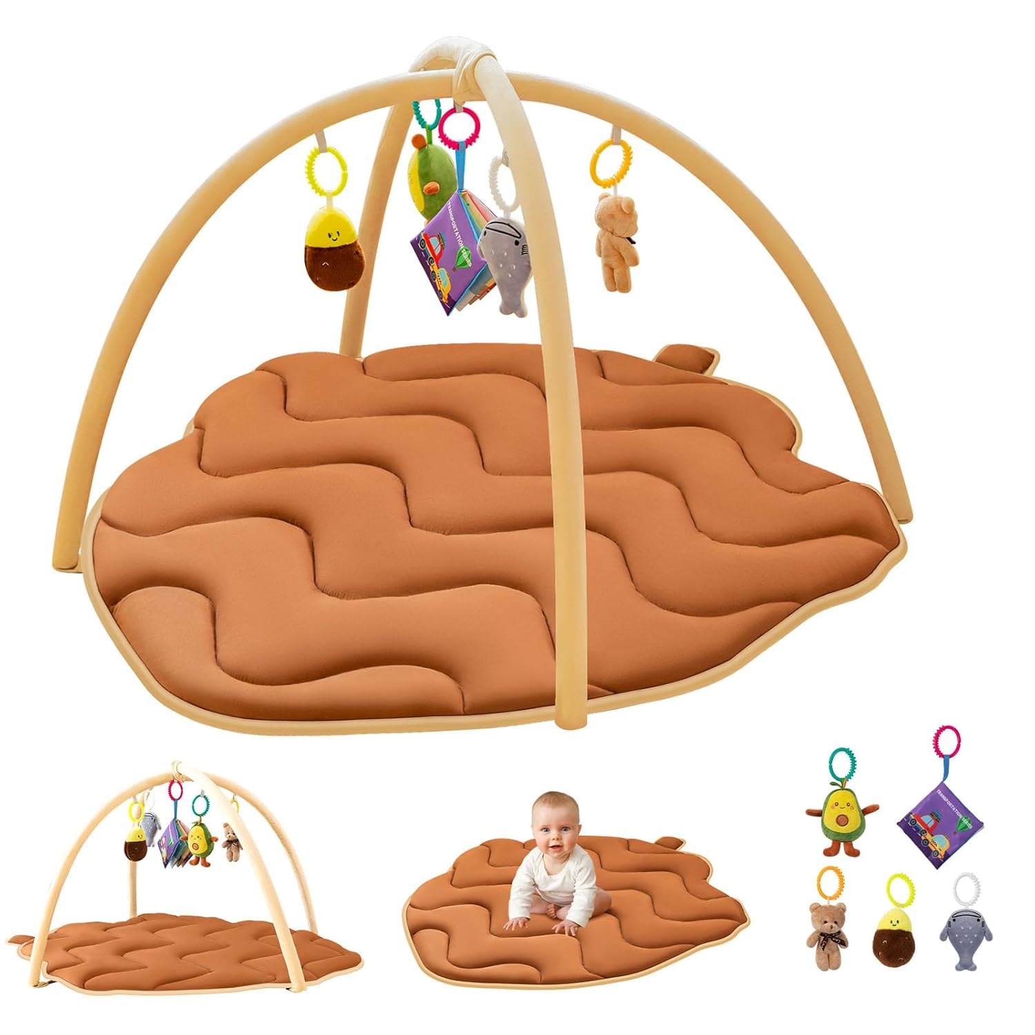 Baby Play Mat, Baby Play Gym & Activity Mat – Enhance Motor Skills with Many Detachable Toys! Perfect Newborn Infant Gift for Sensory Development & Tummy Time Fun! Pinecone Shaped, Brown 50x43 Inch Pinecone Shaped