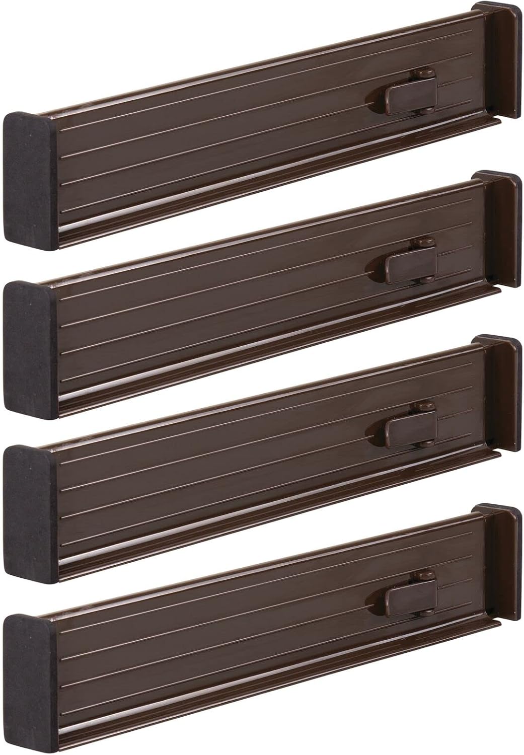 mDesign Expandable Dresser Drawer Organizer, Adjustable Drawer Divider, Foam End, Strong Secure Hold, Locks in Place, Separators for Closet, Cabinet Storage, Ligne Collection, 4 Pack, Dark Brown/Black