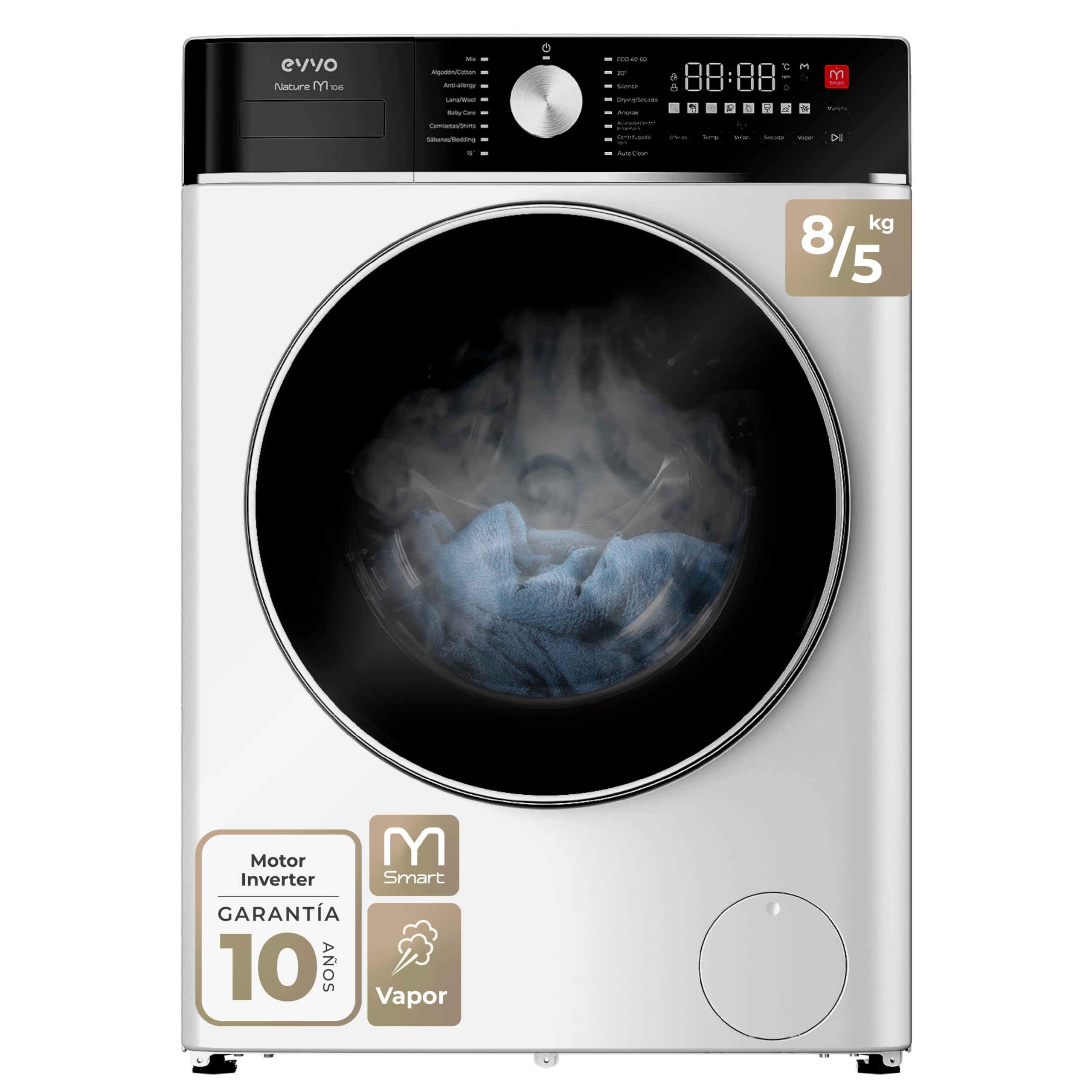 EVVO Nature M10/6X Washer-Dryer, 10 kg Wash + 6 kg Drying, 1400 rpm, BLDC Inverter Motor, Steam Wash, M-Smart One-Touch, Quick Wash 15', Delayed End 24 h, Stainless Steel — view 11