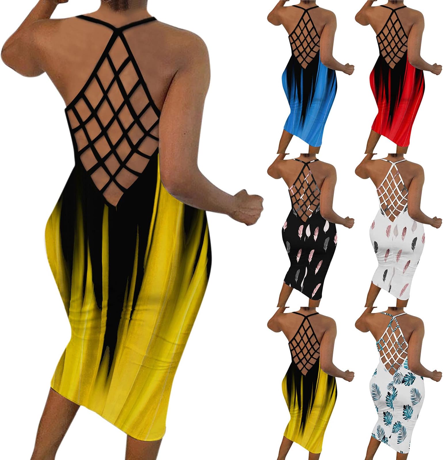 Halter Neck Splicing Fishnet Backless Sleeveless Skinny Maxi Dress for Women Tie dye Print Sundress Hip Bodycon Dresses