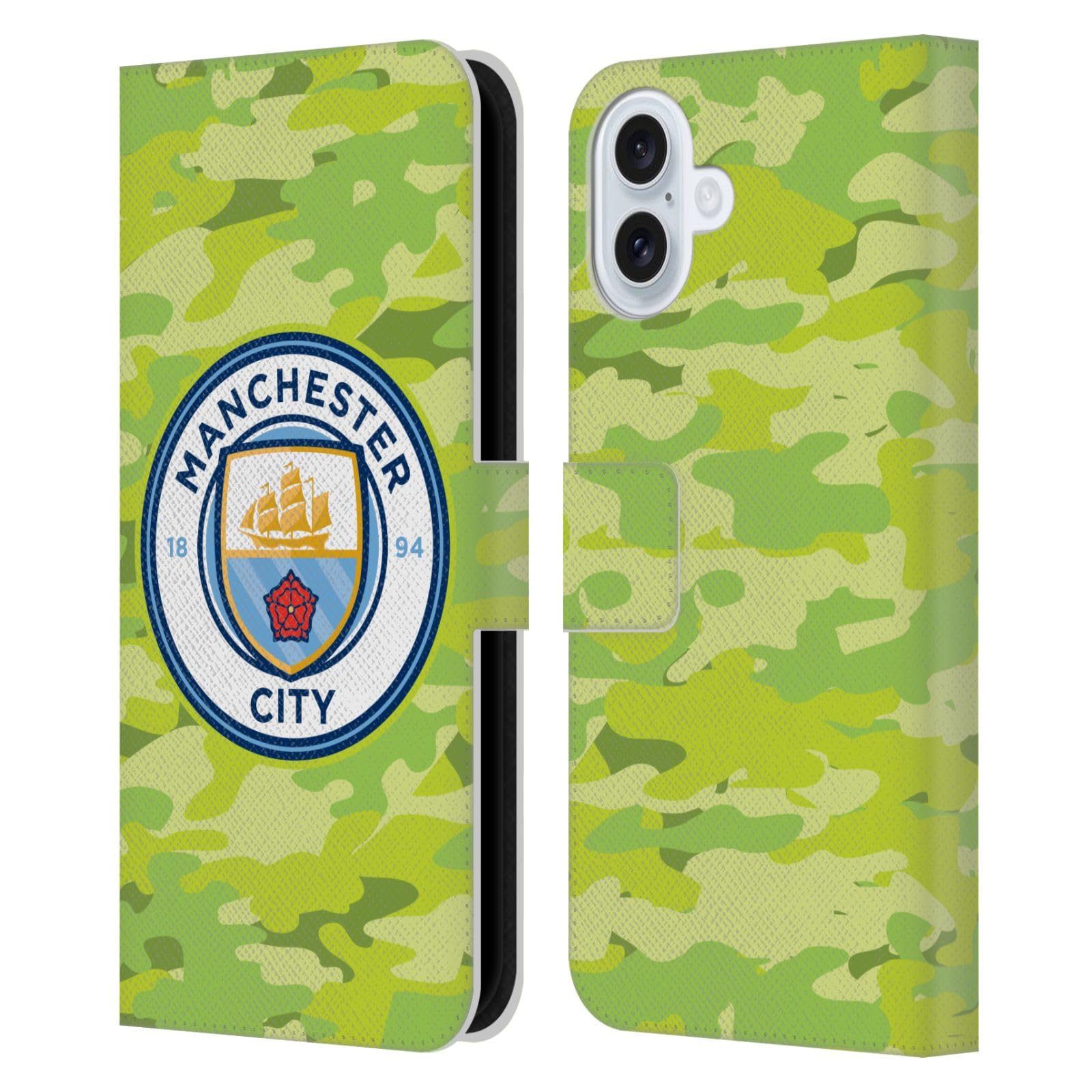 Head Case Designs Officially Licensed Manchester City Man City FC Goalee Badge Camou Leather Wallet Case Compatible With Apple iPhone 16 Plus