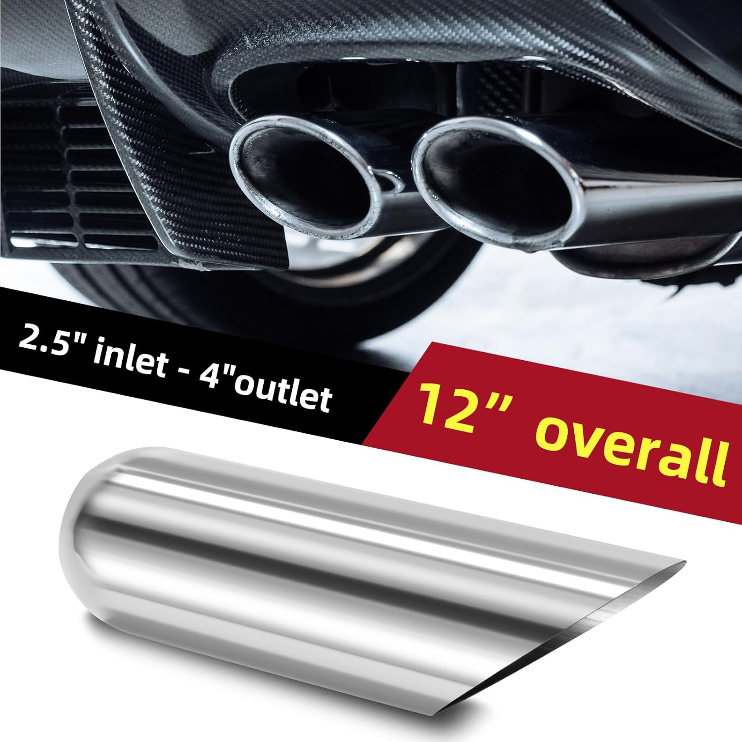 LCGP 2.5" Inlet Exhaust Tips, 2.5" Inlet x 4" Outlet x 12" Overall Length, Weld On, Polished, Universal Stainless Steel Diesel Exhaust Tailpipe DT-254012AC