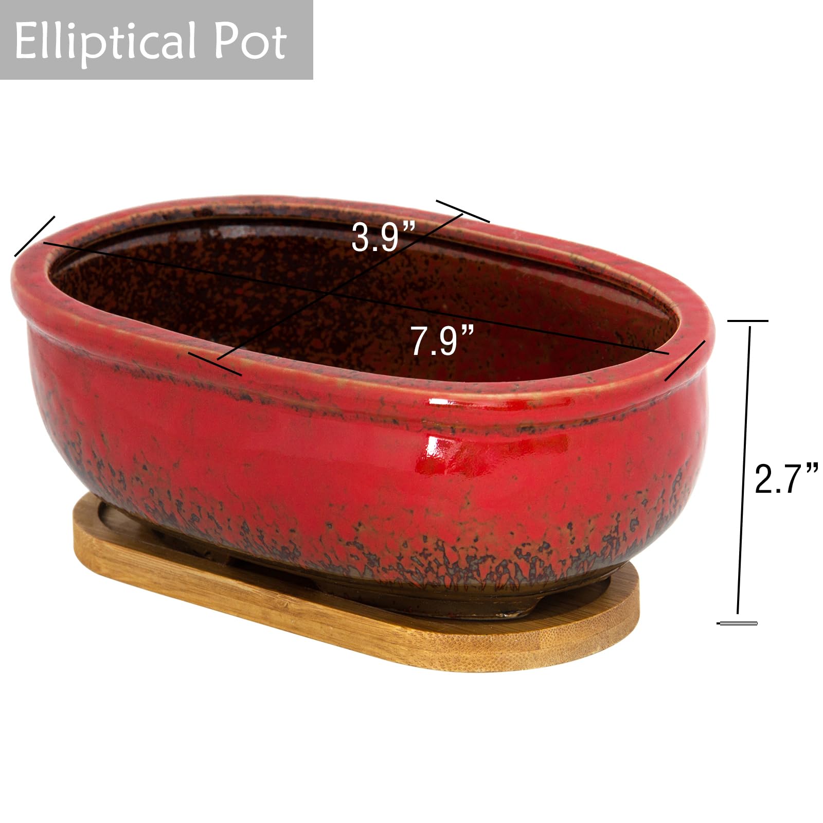 ARTKETTY Vasi per piante grasse, vasi in ceramica per piante grasse con vassoio di drenaggio in bambù, 1 vaso da fiori rettangolare + 1 vaso rotondo per cactus bonsai da interno (verde
