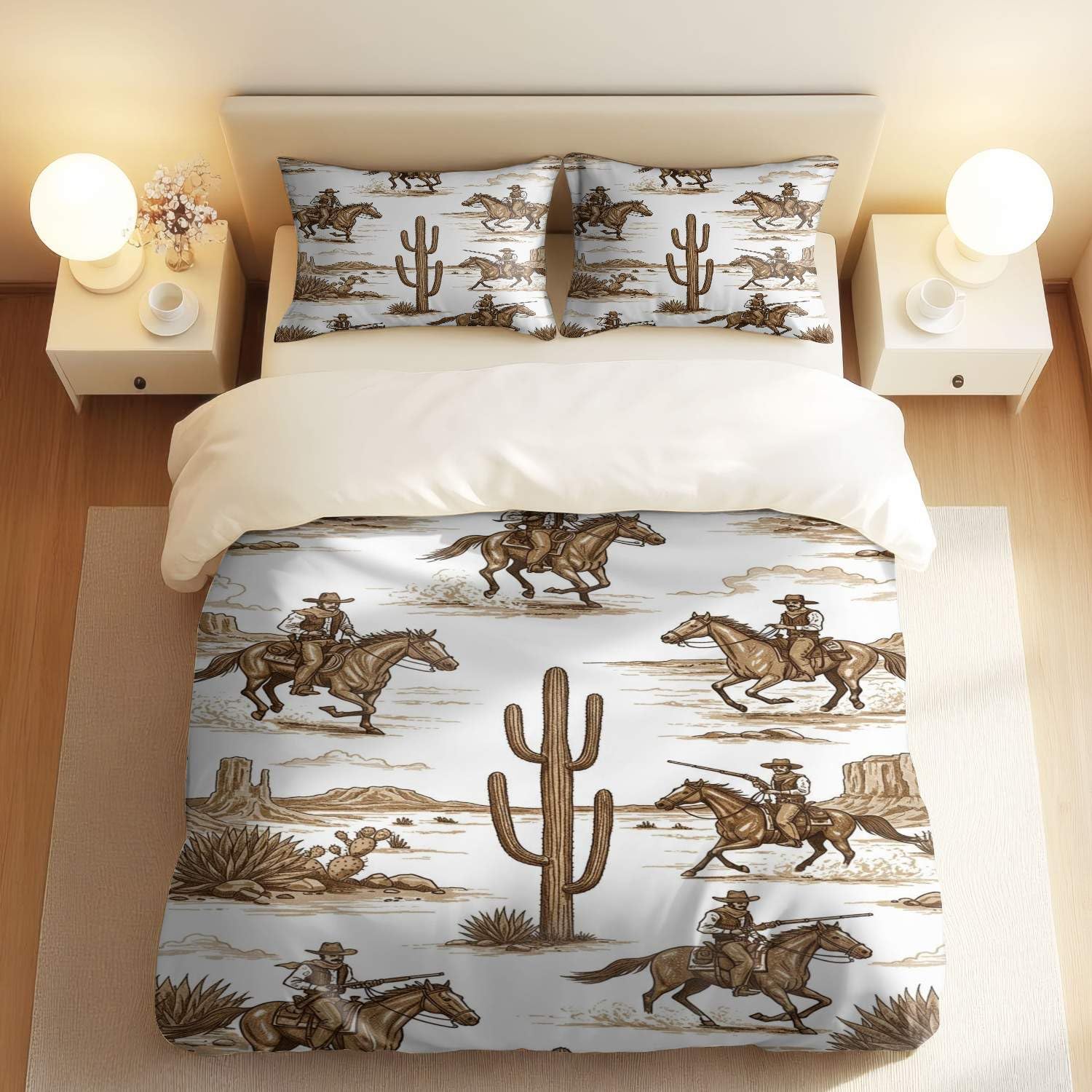Parure de lit vintage western en tons chauds avec housse de couette cheval pour lit simple