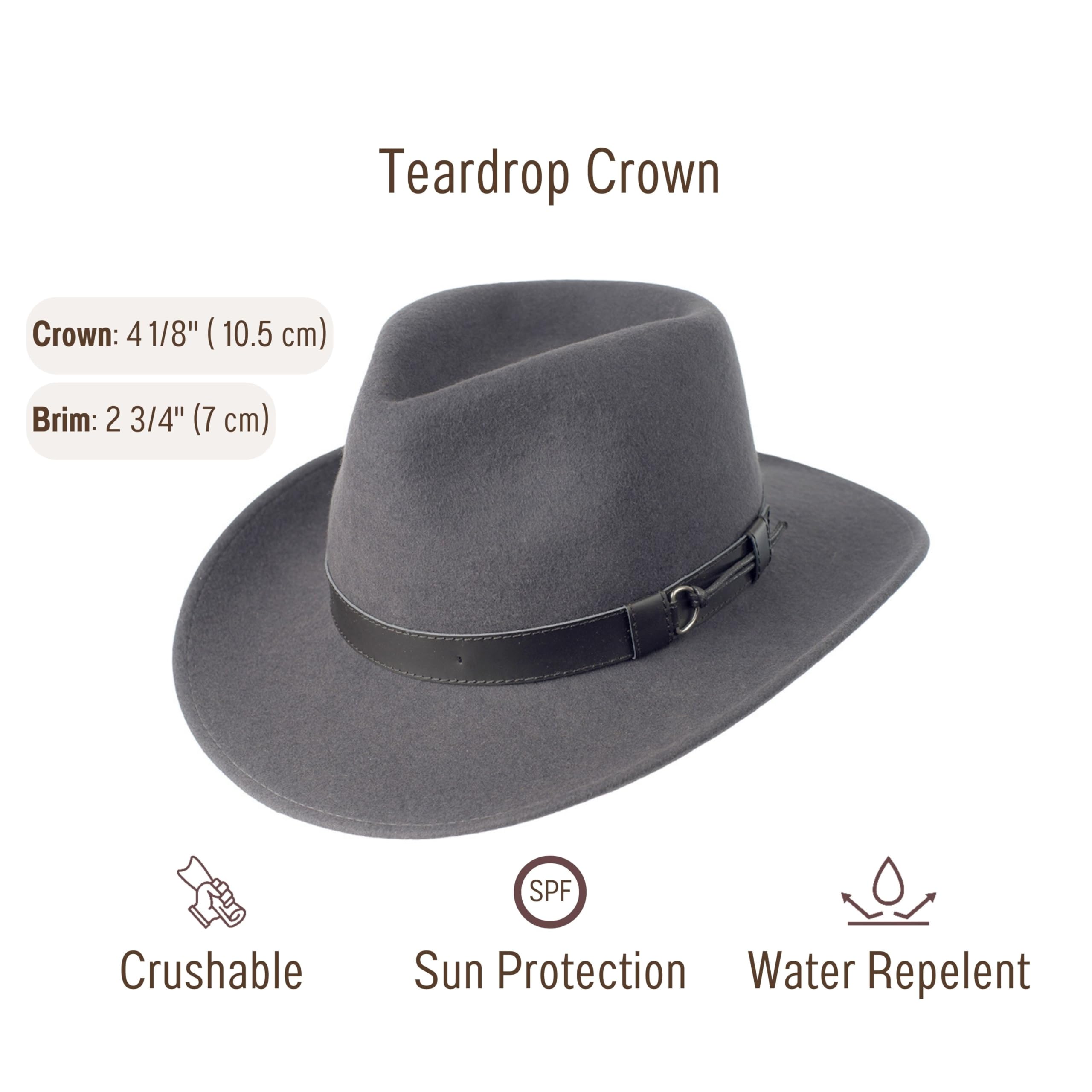 Bigalli Outback Hat 100% Wool Felt for Women/Men Teardrop with Faux LeatherCrushable Waterproof Teardrop Faux Leather | Wide Brim | Safari Fedora Cowboy Hat | Dark Grey Medium