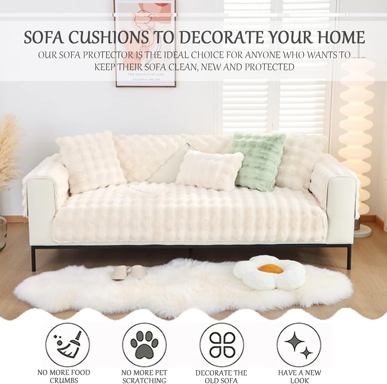 AWAV Thick Rabbit Plush Sofa Cushion, Non-Slip Sofa Covers for Living Room, Universal Super Soft Faux Fur Furniture Protector, Washable for Sectional Couch (White,70x90cm)