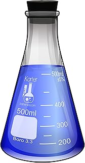 500ml Narrow Mouth Erlenmeyer Flask with Rubber Stopper, 3.3 Borosilicate Glass, Karter Scientific (Single)