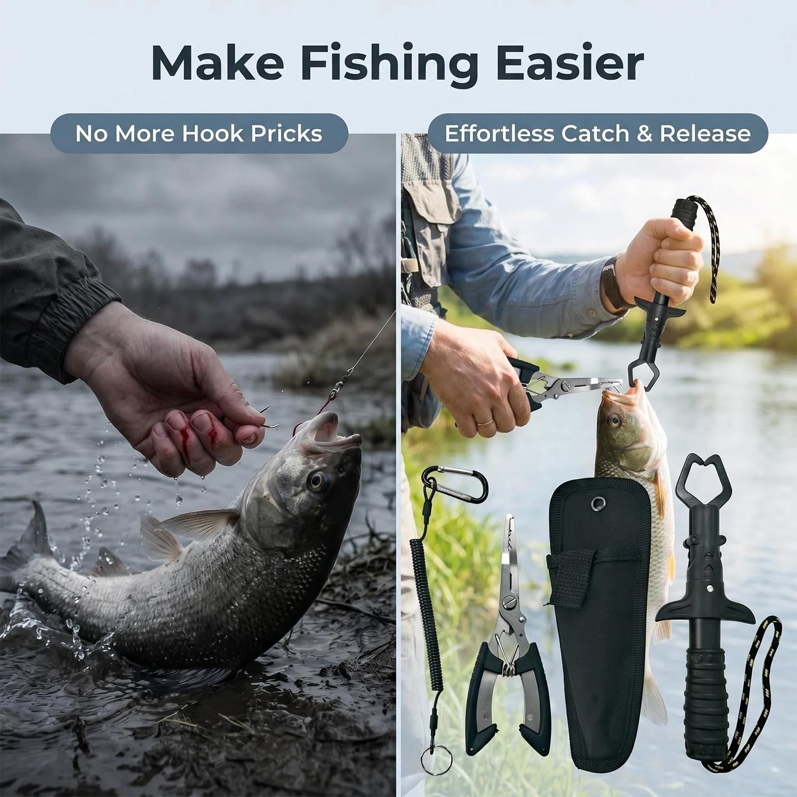 Lot De 2 Pinces De Pêche En Inox Longues Et Dentelées – Antidérapant, Résistant à L'eau Salée, Pour Manipuler Vos Prises Facilement