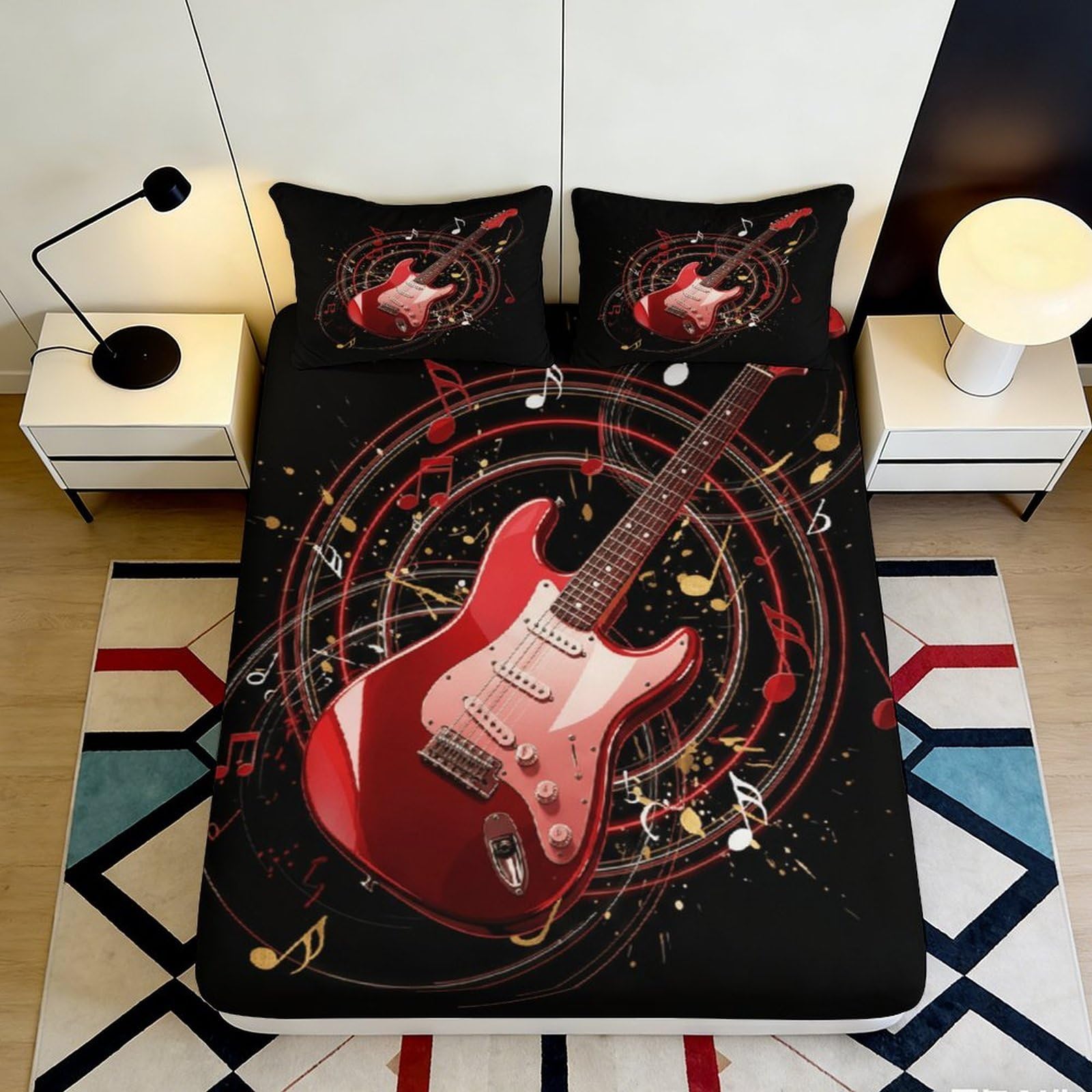 3D Printed Red Electric Guitar Fitted Sheet Microfiber Soft Breathable Musical Notes Bed Cover for Bedroom Dormitory Guest Room Mattress Protection Decor 200x200x25cm