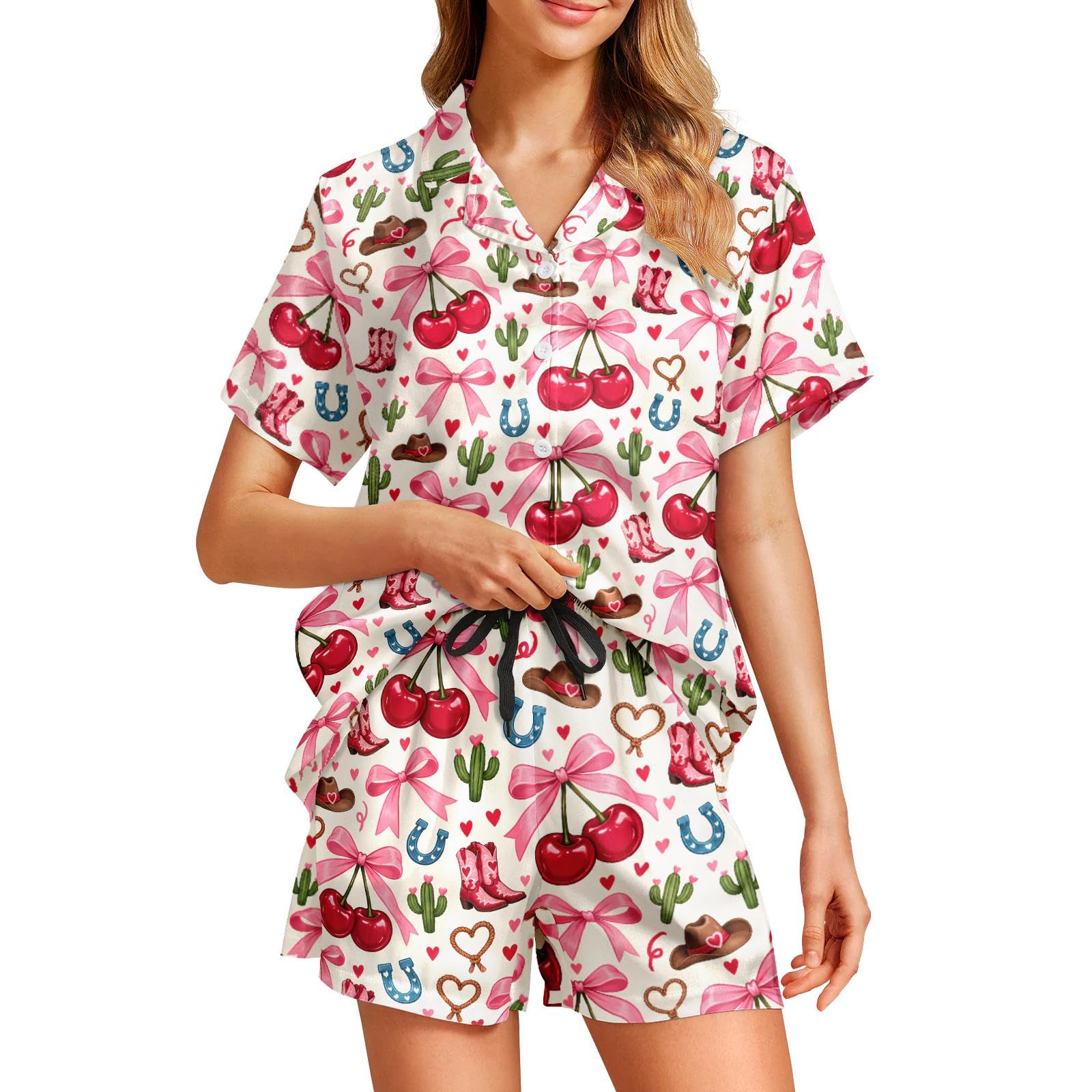 Funny Pajamas for Women Set Print Satin Loungewear Pjs Short Sleeve Button Down Top and Shorts Sets Sleepwear XS-3XL