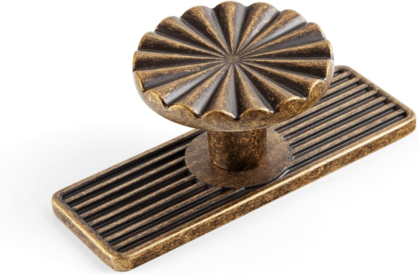 Goo-Ki Scalloped Zinc Alloy Knobs with Backplate, Antique Brass, 6 Pack