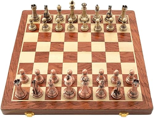 ROLTIN Juego de ajedrez internacional de metal para niños y adultos con tablero de madera y almacenamiento, piezas estándar de metal, juego clásico
