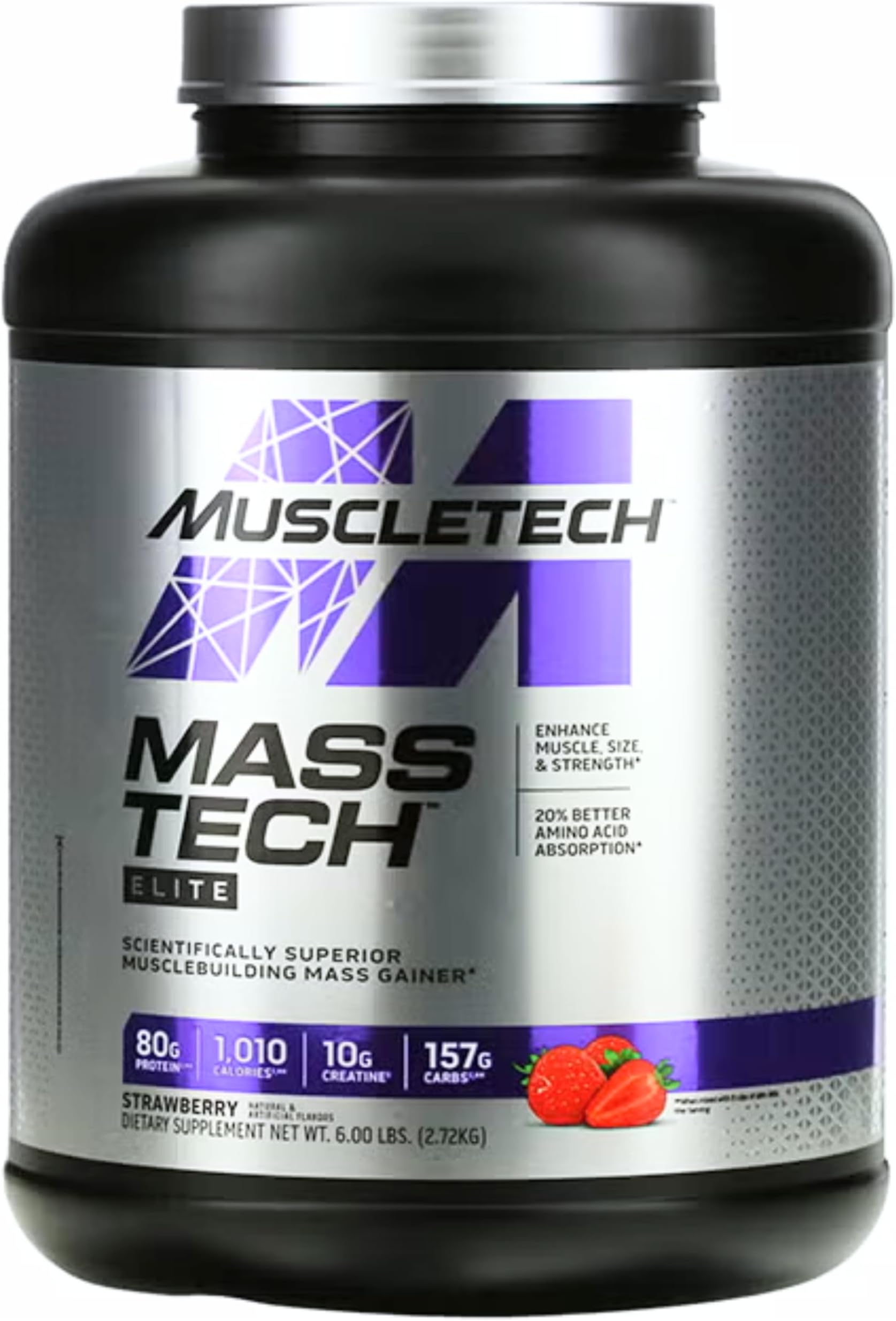 MuscleTech Mass Tech Elite Muscle Building Mass Gainer Enhance Muscle Size & Strength with 20% Better Amino Acid Absorption, Protein, Creatine, BCAAs, Calories & Carbs, Strawberry Flavor 6.00 lbs