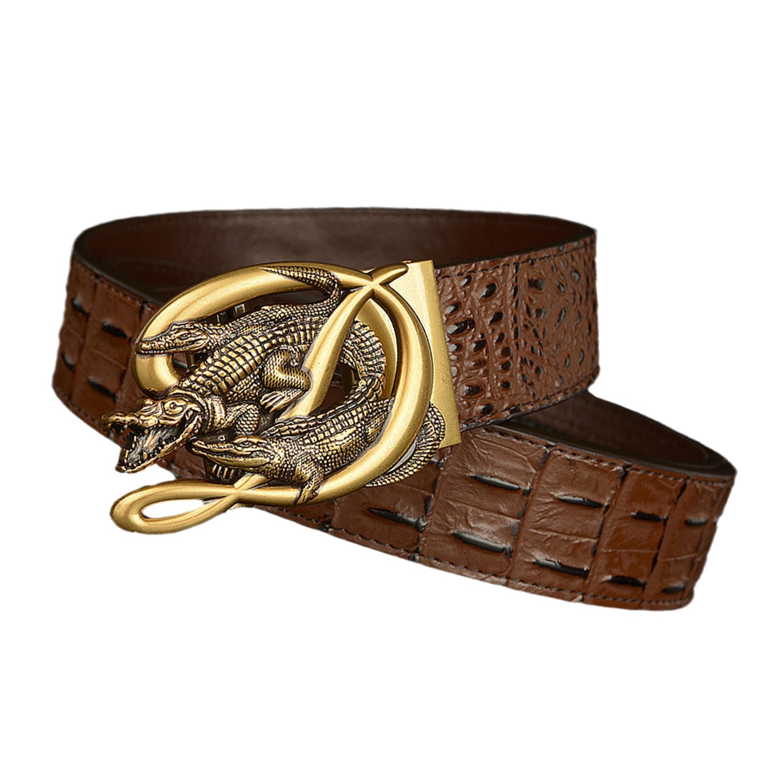 Cinturón De Trinquete Deslizante Cuero Con Patrón Cocodrilo, Hebilla Automática Grabada Animales, Cinturón Ocio Occidental, 130cm, Negro