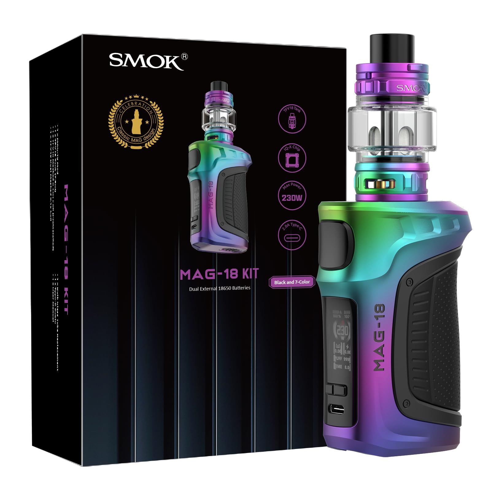SMOK MAG-18 Kit 230W Double 18650 Non Incluses TFV18 Tank 7.5 ml cran TFT  Charge Type-C Compatible TFV18 TFV16 Noir 7 Couleurs Sans Nicotine :  Amazon.fr: High-Tech