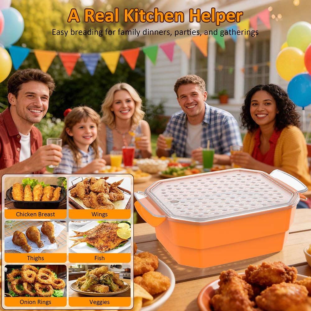 SURETIVIAN Better Bol à pâte extra large avec deux tamis et plateau à poudre, shaker visible sans désordre pour poisson frit, poulet, viande, légumes, idéal pour les fêtes de famille (orange)