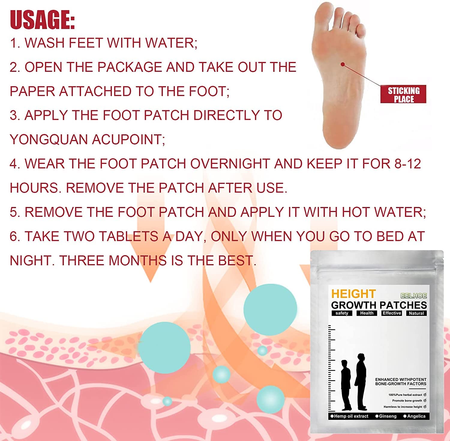 Heightenup Acupunture Slimulating Foot Patch,height Growth Foot Patch Bone Growth Foot Sticker,height Growth Patches for Adults Juvenile