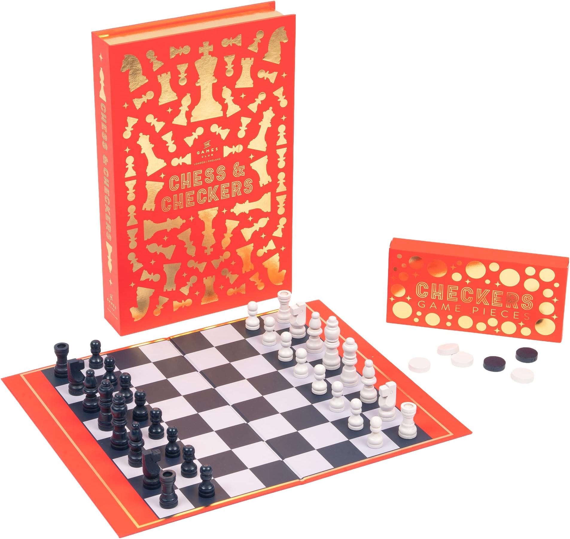Chess & Checkers Set | Classic 2-in-1 Strategy Board Game | Folding Game Board & Premium Wooden Pieces | Family Chess Set & Checkers Set in Book-Style Gift Box | Ages 10+