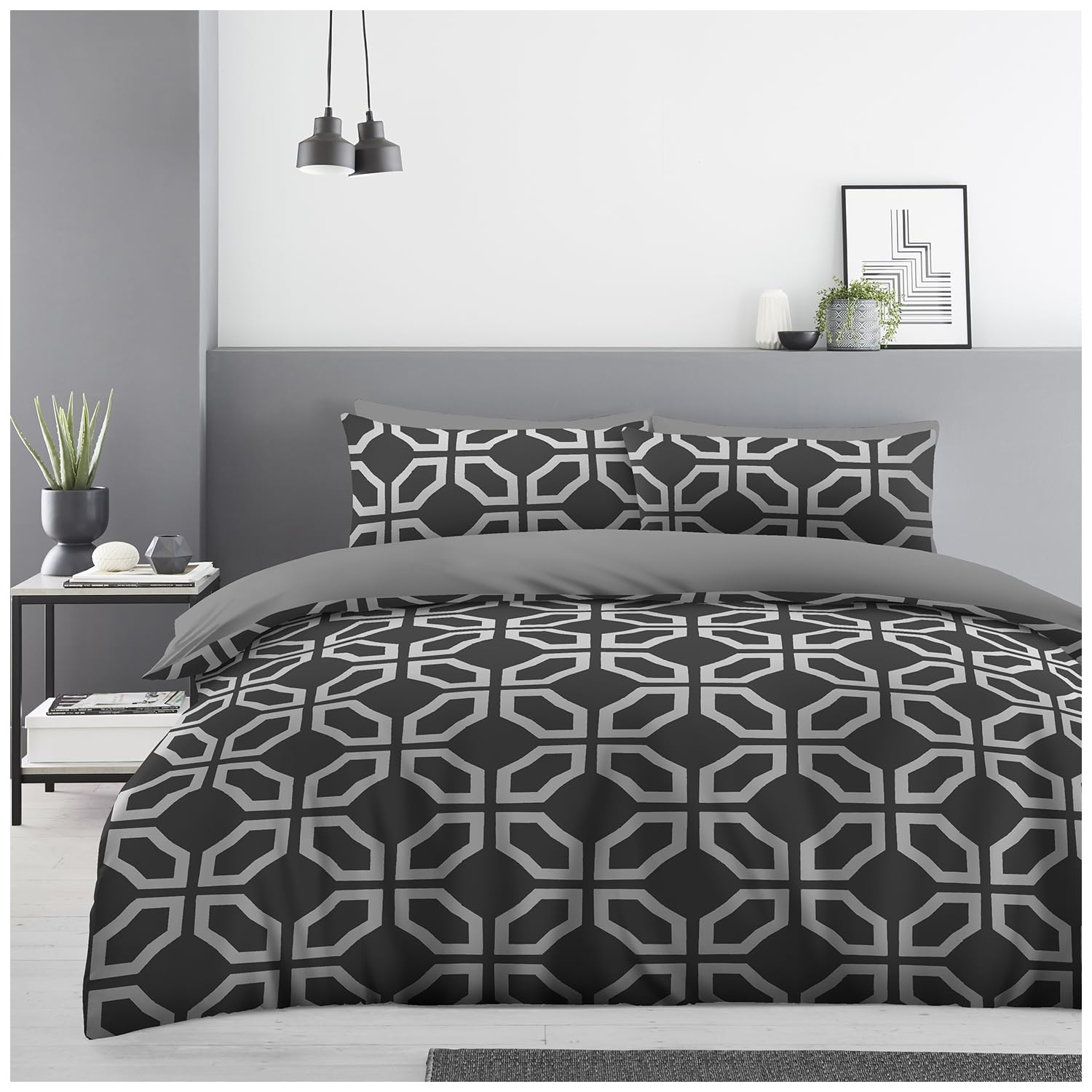 GC GAVENO CAVAILIA Geometric Chain Pattern King Size Duvet Cover Set with Matching Pillowcases - Modern Printed Comforter Bedding Set - Durable & Super Soft Breathable Lightweight Quilt Cover