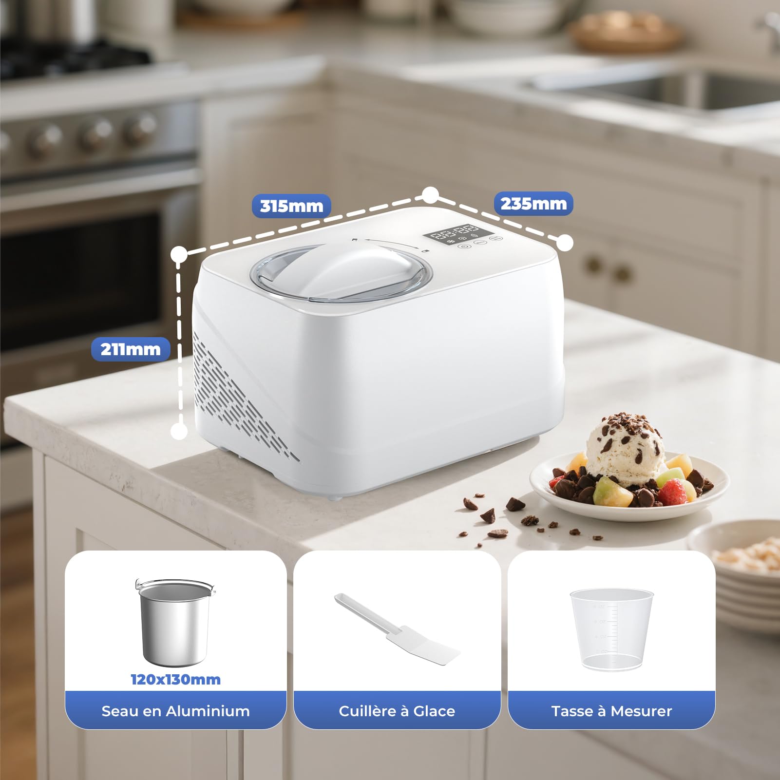 Sorbetière Electrique avec Compresseur, Auto-refroidissan Machine a Glace, Turbine à Glace 1L, avec Gradué/Spatule, pour Fait de Crème Glacée/Gelato