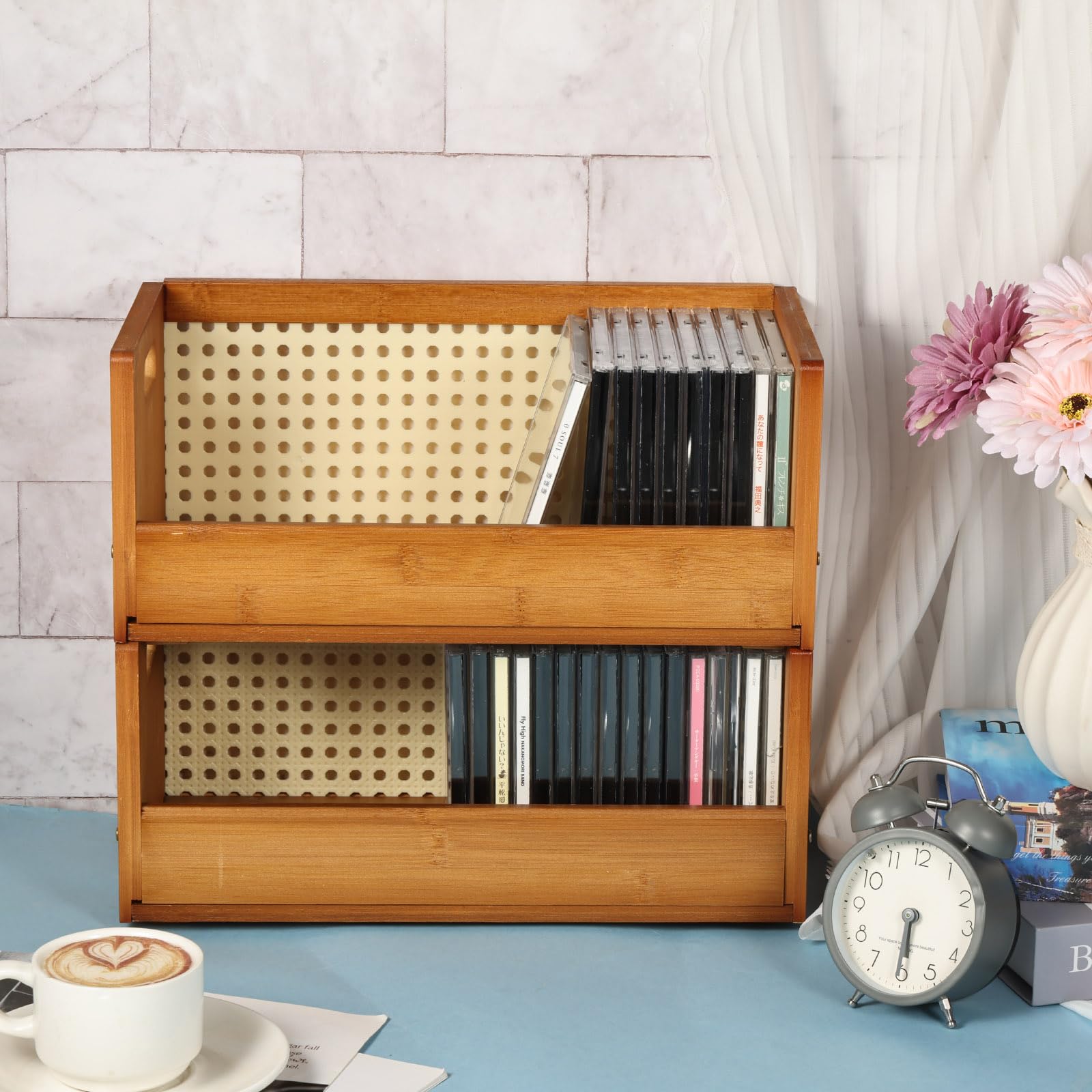 Set di 2 scatole portaoggetti in bambù impilabili per CD, organizer per custodie per film, DVD, espositori per cassette, supporti per dischi con maniglie per il trasporto