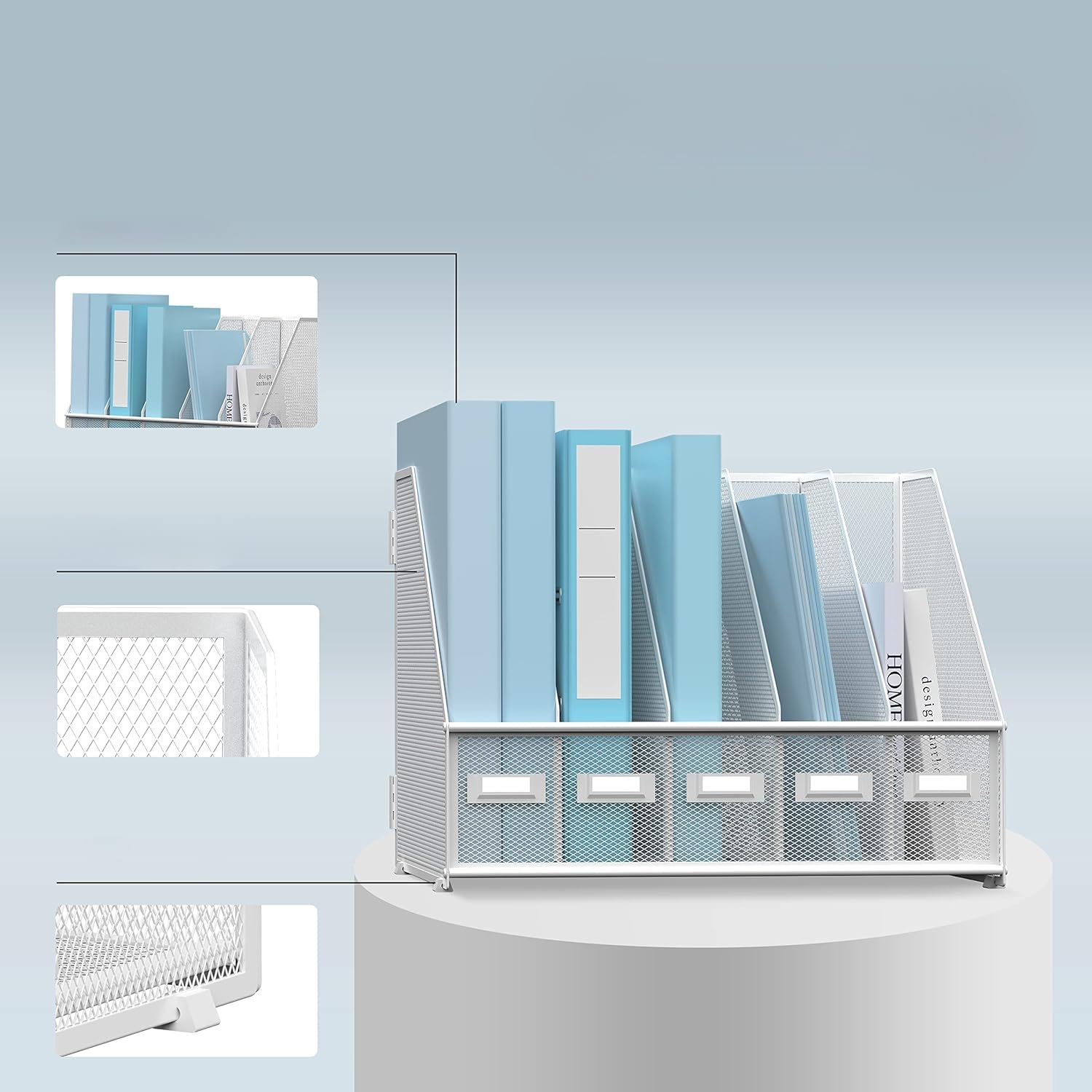 Organiseur de bureau en métal blanc 5 compartiments verticaux