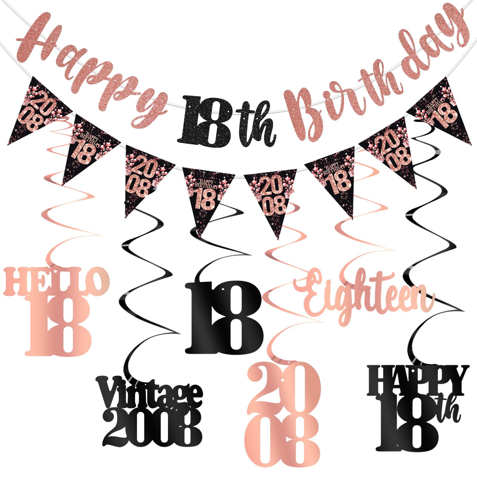 18th Birthday Decorations for Girls, Black Rose Gold Happy 18th Birthday Banner Hanging Swirls Vintage 2008 Birthday Decorations Kit Hello 18 Party