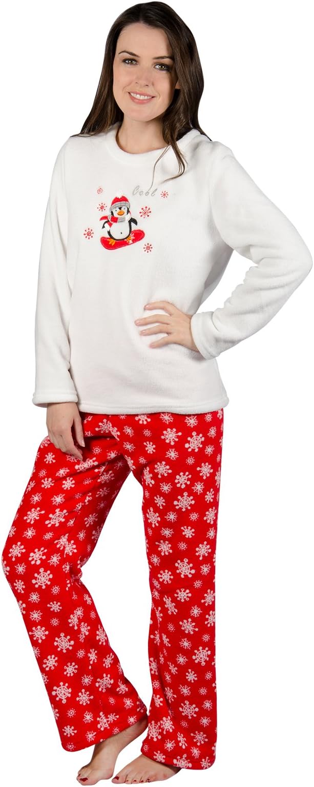 Ladies Chilly Penguin Fleece Pyjama Set PJs White Top & Red Bottoms Nightwear M