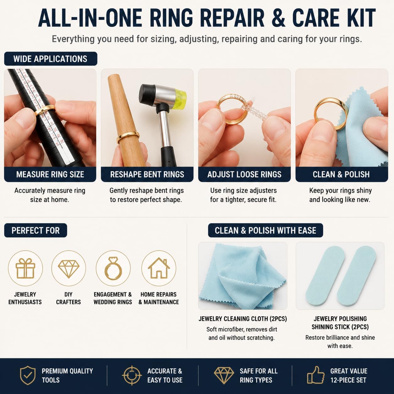 Ring Sizer Measuring Tool Set with Ring Mandrel & Mallet, Ring Reshaper & Finger Size Gauge Kit, Jewelry Repair Tool for Women Men