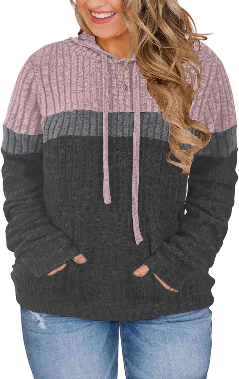 VISLILY Plus-Size-Hoodies for Women Casual Color Block Sweaters Long Sleeve Pullover Sweatshirts Cute Loose Tops with Pocket