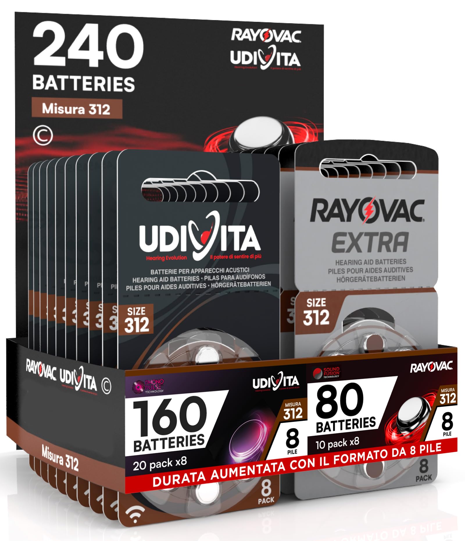 240 Batterie per Apparecchi Acustici Misura 312 PR41 (Marroni) con Phono Pulse Technology - 240 Pile: 160 Udivita + 80 Rayovac