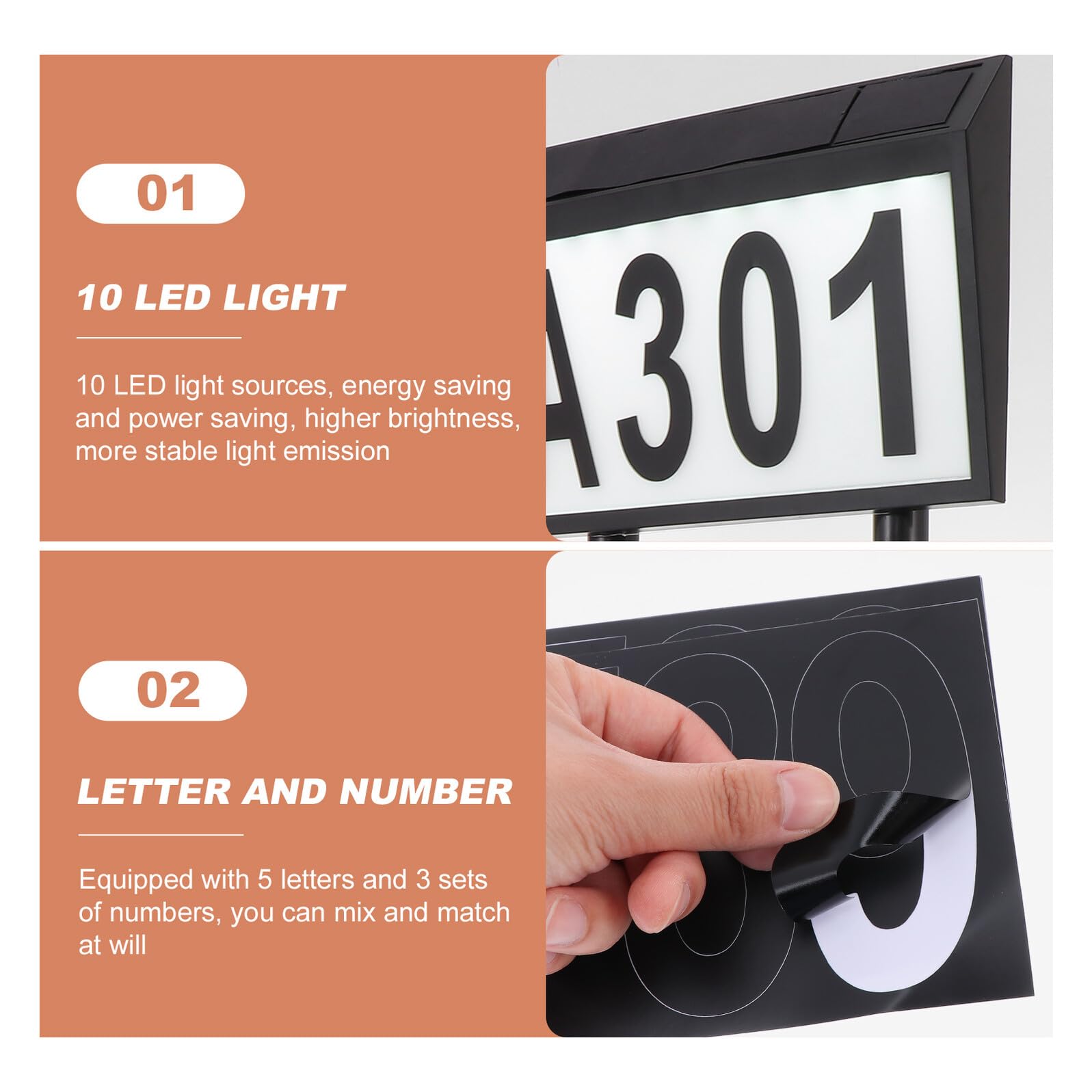 Luce Solare per Numeri Civico 5 Lettere e 3 Serie di Numeri Targa LED Pannello Solare Ricaricabile Lampada da Giardino a Terra per Casa e Negozi