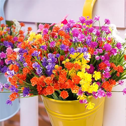 VaryFloral 10 paquetes de flores artificiales para exteriores, coloridas flores falsas de plástico, arbustos, plantas falsas para caja de ventana