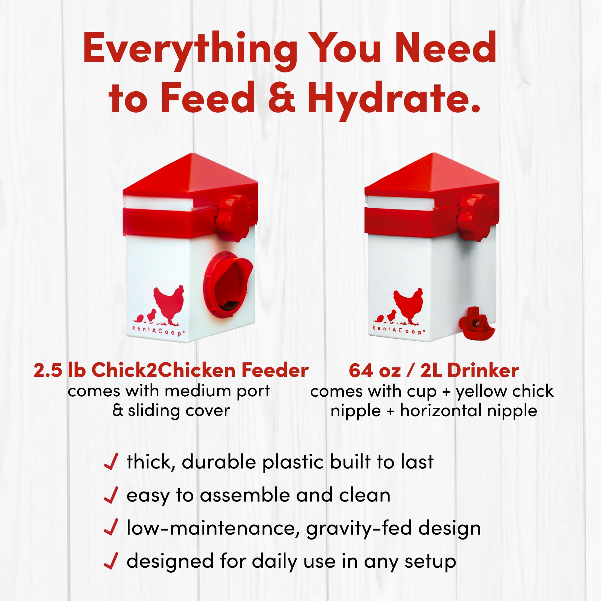 RentACoop Chick2Chicken Futterstation mit mittelgroßem Portwein, 2 Liter, für Küken, Hühner, Wachteln und andere kleine Vögel, 1,1 kg