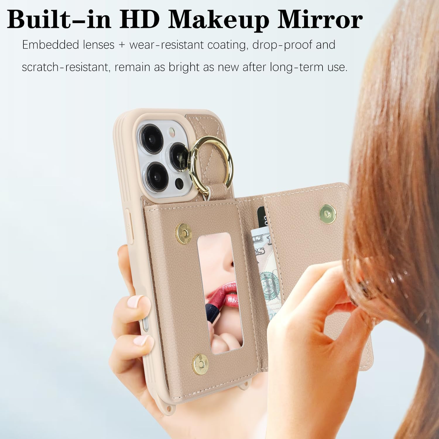 for iPhone 16 Pro Case with Card Holder and Strap for Women,Crossbody Lanyard, Make Up Mirror,Ring Stand,Snap Clasp,Cute Phone Wallet Cases 6.3 inch - Off-White