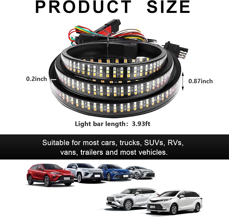 48" Truck Tailgate Light Bar, Triple Row Bright Flexible Strip w/Sequential Turn Signal Brake Reverse Light, IP67 Waterproof Stop Turn Signal Backup LED Strip for Pickup Trailer SUV