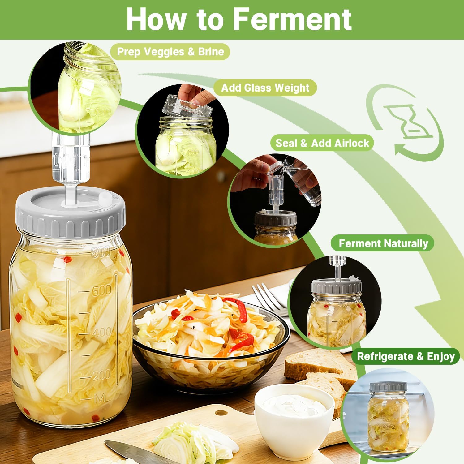 4-Pack Mason Jar Fermentation Kit(Jars Included) Four 32oz Fermentation Jars with Plastic Fermenting Lids, Airlocks, Silicone Rings & Grommets, and Glass Weights for Easy Fermenting & Storage - Image 8