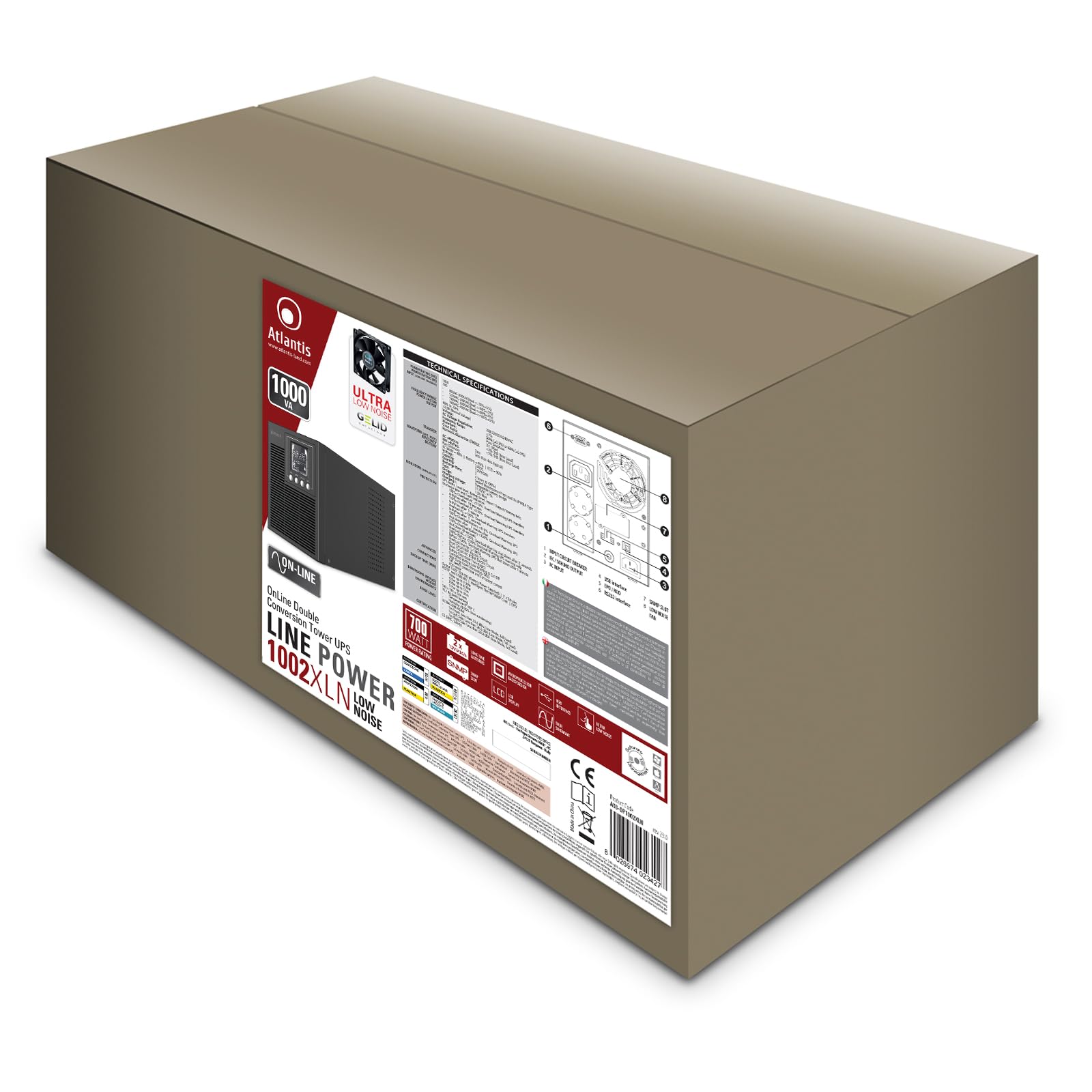 Atlantis A03-OP1002XLN UPS OnLine 88% Più Silenzioso Gruppo di Continuità Server Doppia conversione Onda Sinusoidale Pura 1000VA 700W, Ventola Low Noise Gelid 23,6 dbA,USB,2 Schuko + 1 IEC, 2x12V-9Ah