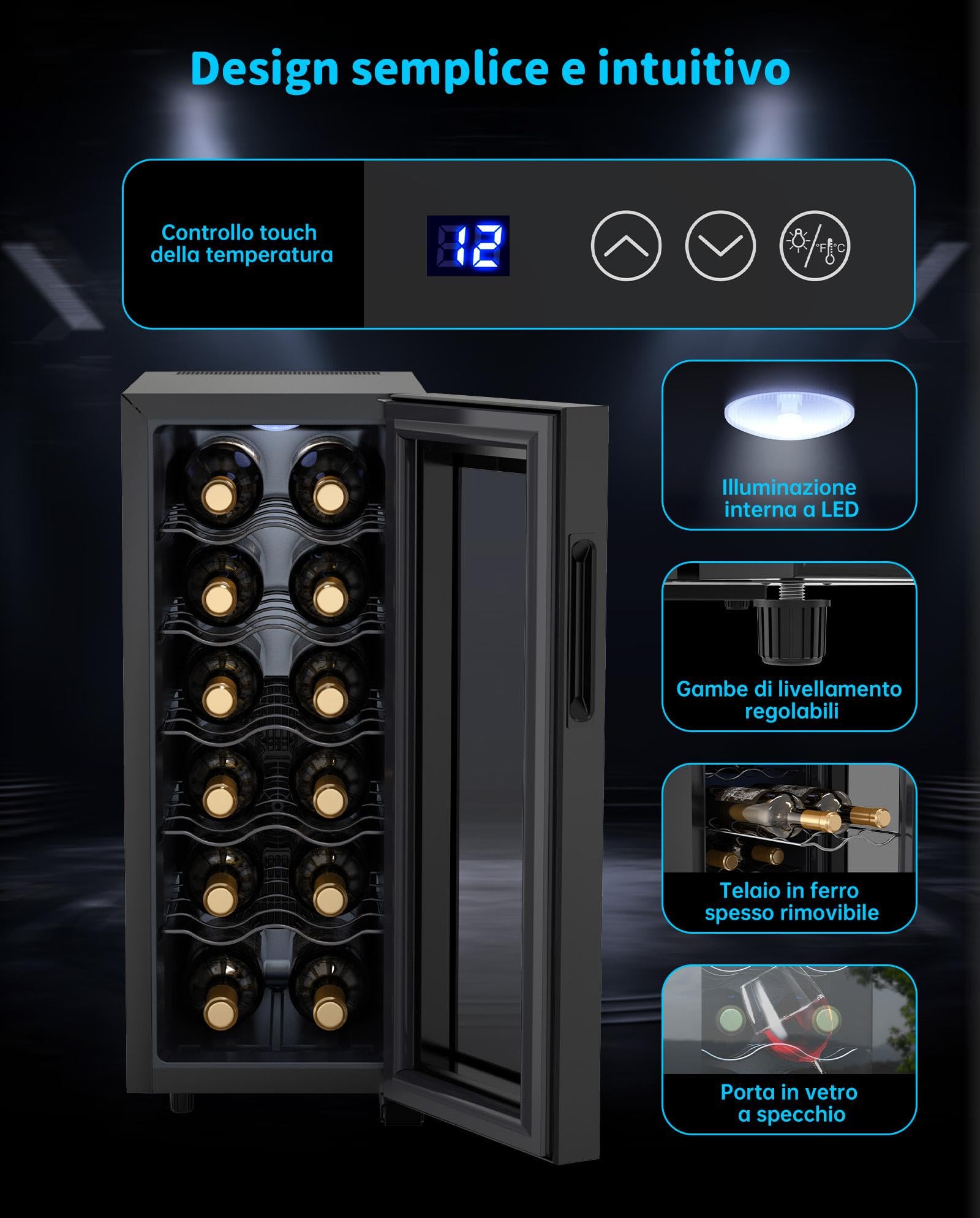 WIE Cantinetta Vino 12 Bottiglie, Raffreddamento Termoelettrico, Cantina Vino con LED Schermo tattile, Porta in Vetro a Specchio, 5 Ripiani Regolabili, Luce LED, 26 dB Basso Livello di Rumore, 33L