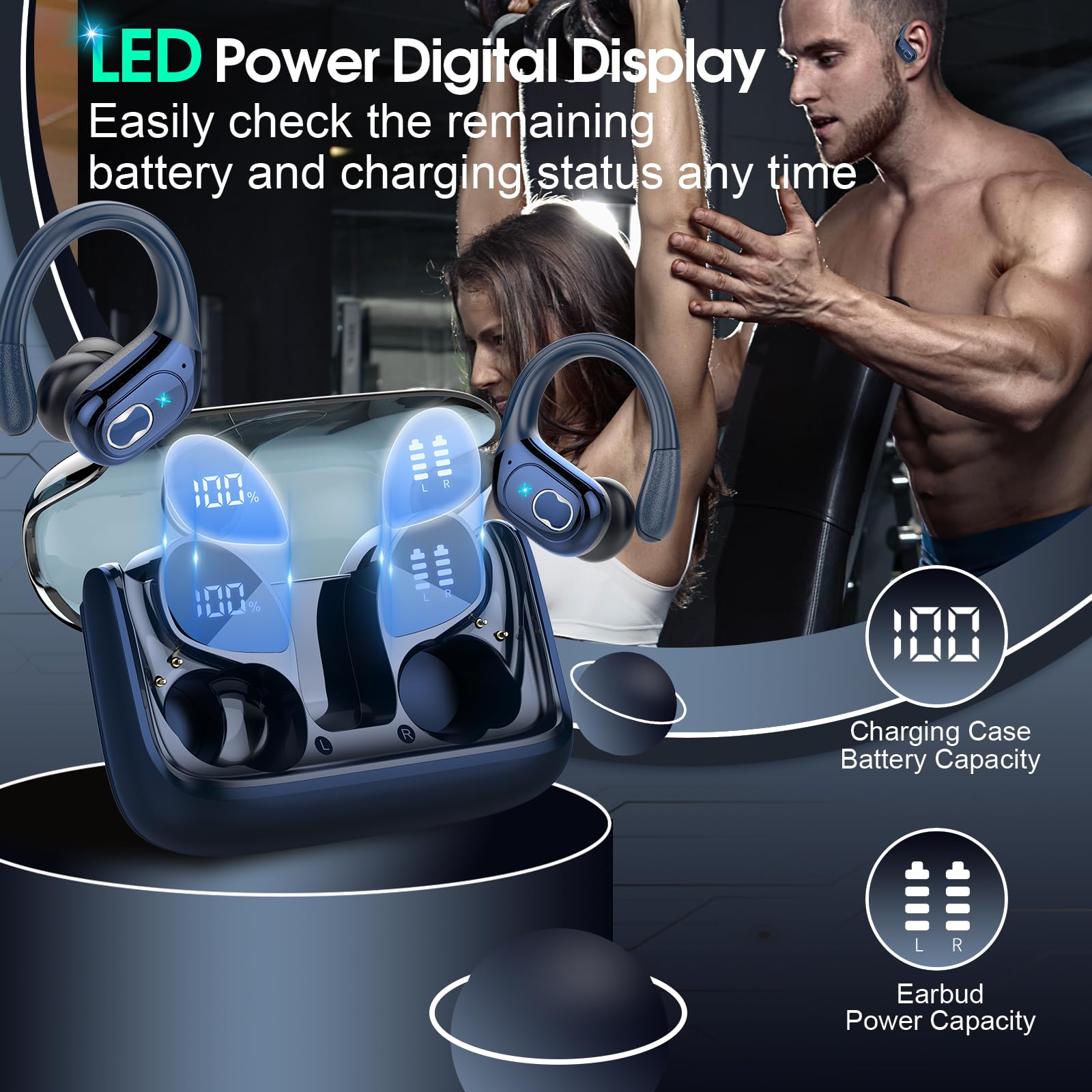 Aptkdoe Cuffie Bluetooth 5.4 Sport 75H Antirumore ENC e 4 Mics con App, Blu | Cuffie In Ear con Ricarica Rapida USB-C, Display LED Auricolari Bluetooth IP7 Impermeabili, Cuffie Senza Fili Corsa Running