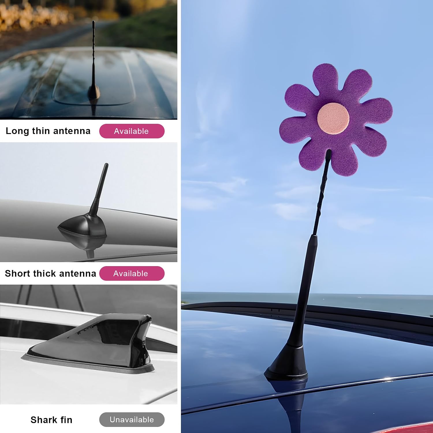 Daisy Car Antenna Topper, EVA Foam Cute Flower Aerial Ball Funny Antenna Accessory, Daisy Auto Roof Topper Lovely Exterior Decoration Universal for Women Men, Car Accessories (Purple)