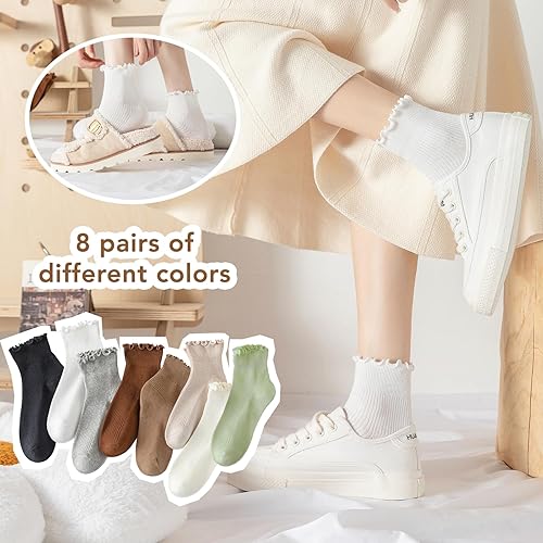 Miniatura 7 de 8 pares de calcetines con volantes para mujer, calcetines con volantes para niñas y mujeres, color liso, borde de lechuga, cómodos, transpirables,