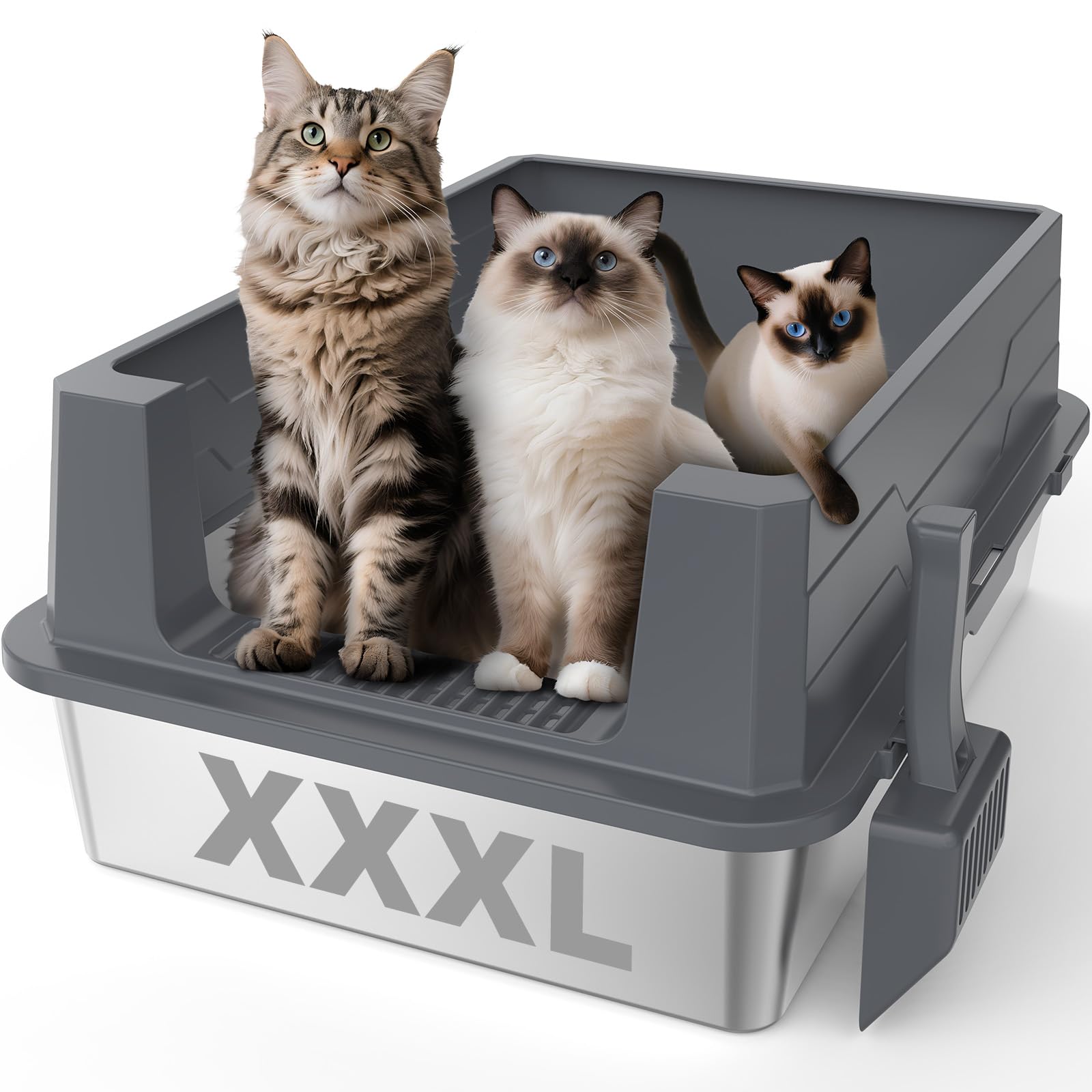 MIXJOY Extra Large Stainless Steel Cat Litter Tray, 71x51x31cm（Dark Gray）