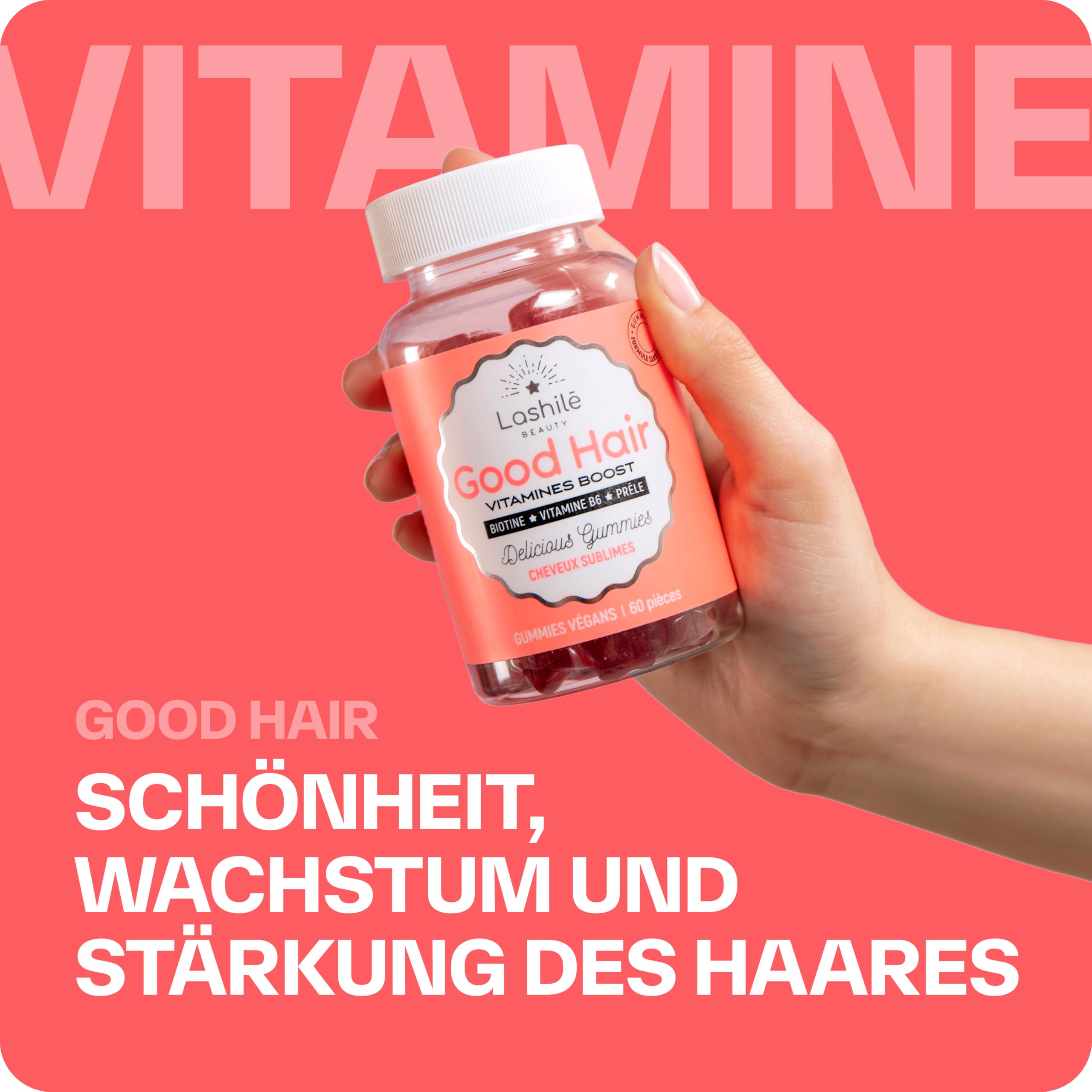 Lashilé Beauty Good Hair – Nahrungsergänzungsmittel für Haare mit Biotin, Zink & Folsäure – Haarwachstum & Kräftigung – Vegan, Zuckerfrei – 60 Tage-Kur, 120 Gummis