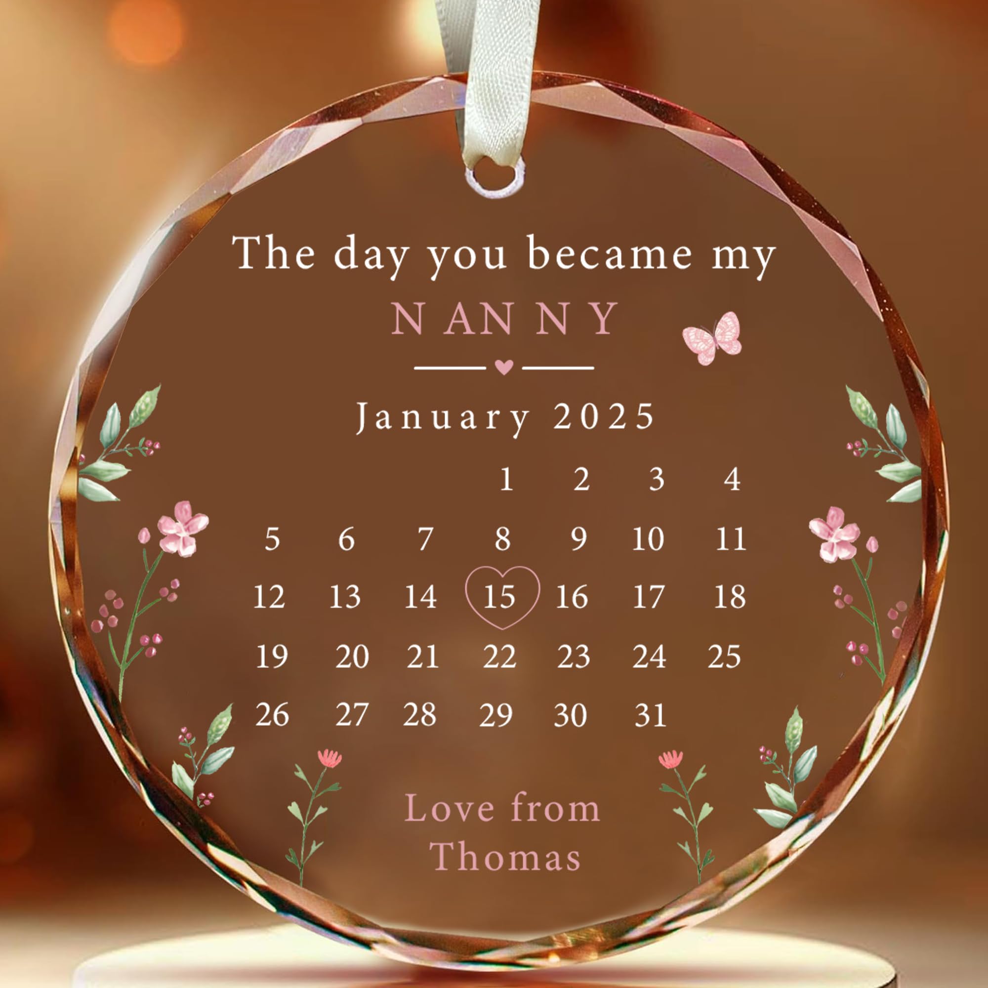 Fastpeace Personalized New Nana Glass Ornament Nanny to be Gift The Day You Became My Nanny Keepsake Gift Customizable with Family Title, Name & Dates (Nanny to Be)
